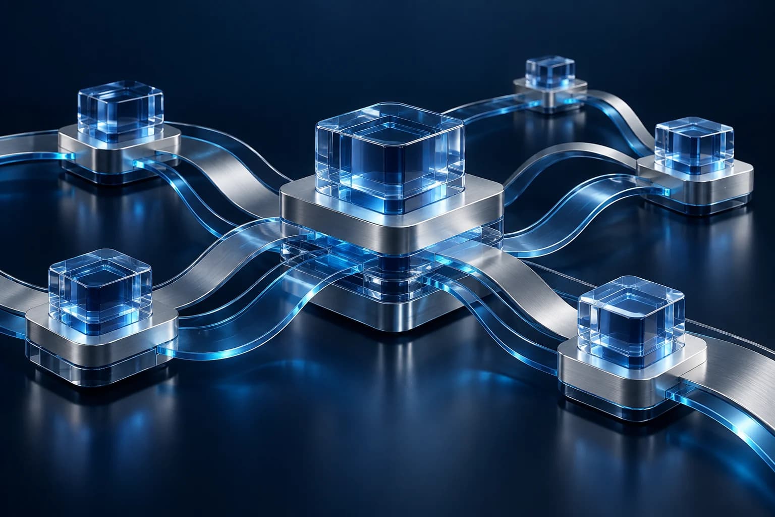 Conceptual blue glass and silver modules arranged as a connected data architecture
